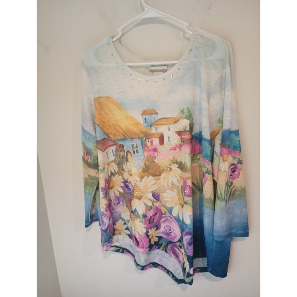 Alfred Dunner Petite XL Top Scenic House Cottage Floral Embellished Rhinestone
